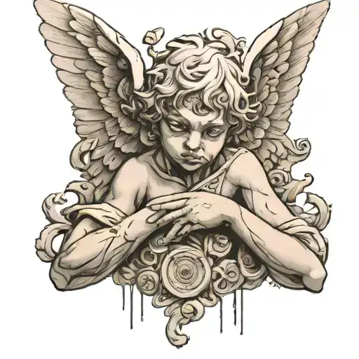 cement cherub angel looking up resting face on hands with wings and guns , lost hopeful look  tattoo design idea