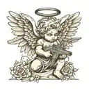 cement cherub angel with wings and guns , lost hopeful look  tattoo design idea