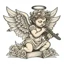 cement cherub angel with wings and guns , lost hopeful look  tattoo design idea