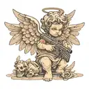 cement cherub angel with wings and guns , lost hopeful look  tattoo design idea