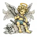 cement cherub angel with wings and guns , lost hopeful look  tattoo design idea