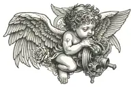 dead depressed cherub angel looking up wings and guns tattoo design idea