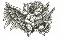 dead depressed cherub angel looking up wings and guns tattoo design idea