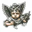 cement cherub angel looking up no eyeballs resting face on hands with wings and guns , lost hopeful look tramp stamp  tattoo design idea