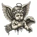 cement cherub angel looking up no eyeballs resting face on hands with wings and guns , lost hopeful look tramp stamp  tattoo design idea