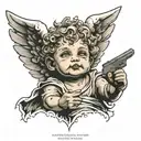cement cherub angel looking up no eyeballs resting face on hands with wings and guns , lost hopeful look tramp stamp  tattoo design idea