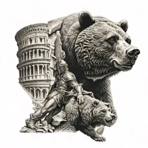 Bear with gladiator in Colosseum and Roman god tattoo design idea