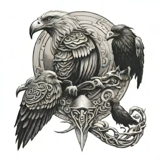 A tattoo design featuring Odin, the god of wisdom, along with his ravens Huginn and Muninn, in a new-school style tattoo design idea