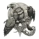 A tattoo design featuring Odin, the god of wisdom, along with his ravens Huginn and Muninn, in a new-school style tattoo design idea