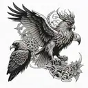 A tattoo design featuring Odin, the god of wisdom, along with his ravens Huginn and Muninn, in a new-school style tattoo design idea