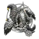 A tattoo design featuring Odin, the god of wisdom, along with his ravens Huginn and Muninn, in a new-school style tattoo design idea