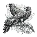 A tattoo design featuring Odin, the god of wisdom, along with his ravens Huginn and Muninn, in a new-school style tattoo design idea