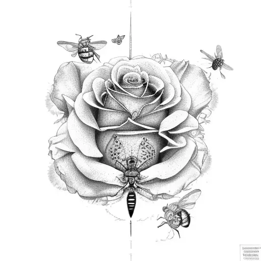 rose and peony and bee and peach and caterpillar and dragonfly and butterfly tattoo design idea