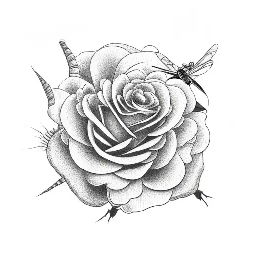 rose and peony and bee and peach and caterpillar and dragonfly and butterfly tattoo design idea