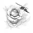 rose and peony and bee and peach and caterpillar and dragonfly and butterfly tattoo design idea