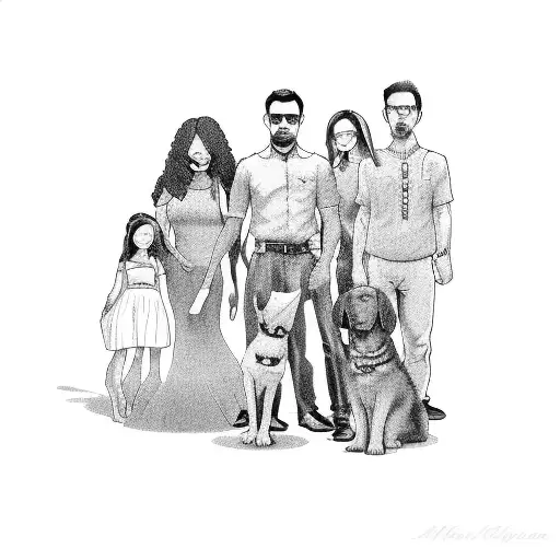 a human family union, mom, dad, 2 daughters and a puppy tattoo design idea