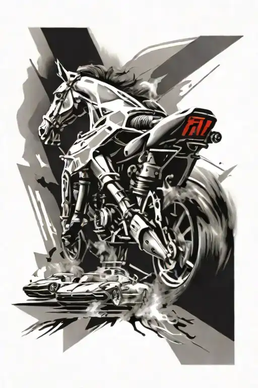 A bold black-grey tattoo of a Ferrari prancing horse with small images of Ferrari engines integrated into the design tattoo design idea