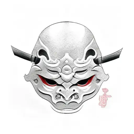 japanes oni mask pierced with katana and temple gate in the background tattoo design idea
