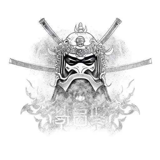 japanes oni mask pierced with katana verticly  and temple gate in the background of the mask tattoo design idea