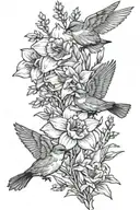 daffodil flowers, Aquamarine, Robin bird, flying with sage and rosemary in mouth tattoo design idea