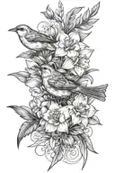 daffodil flowers, Aquamarine, Robin bird, flying with sage and rosemary in mouth tattoo design idea
