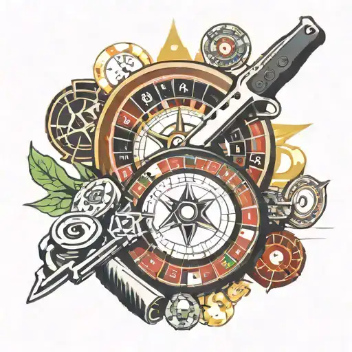 Image for tattoo. TT pistol, Knife, Brass knuckles, casino chips and casino roulette. tattoo design idea