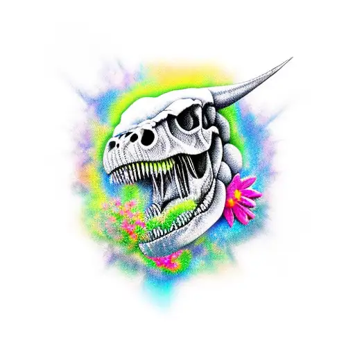 T-Rex skull and cool flower tattoo design idea