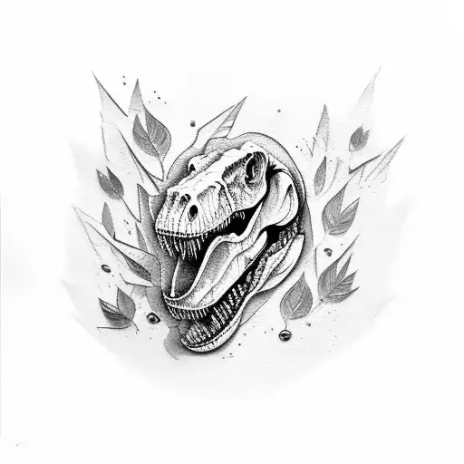T-Rex skull with leaf tattoo design idea