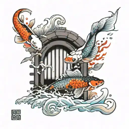 yakuza inspired koi fish swimming into Tori gate with lilys framing it. only black and white with splashes of color tattoo design idea