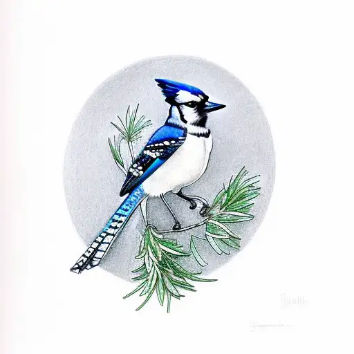 semi realistic blue jay in slight colour with a simple crown in a small rosemary wreath tattoo design idea