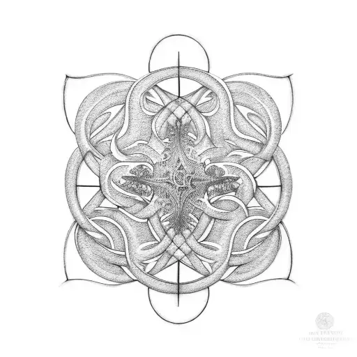 A blackwork tattoo of a majestic tree of life intertwined with a metatron cube, symbolizing the balance between nature and spirituality tattoo design idea