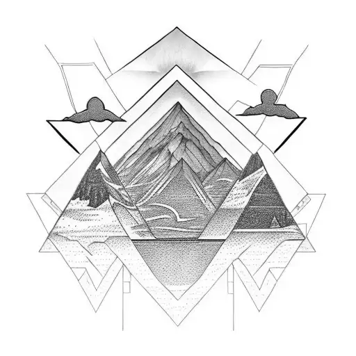 A black-grey tattoo of a mountain landscape with a hidden metatron cube, capturing the essence of hiking and spiritual exploration tattoo design idea