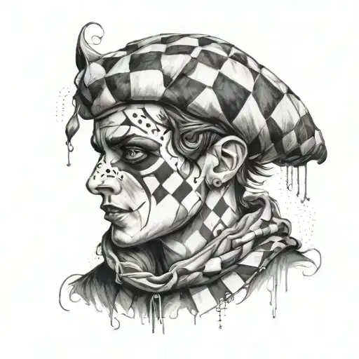 Harlequin boy. Portrait up to the shoulders, cap on head, goger on neck, tear on face tattoo design idea