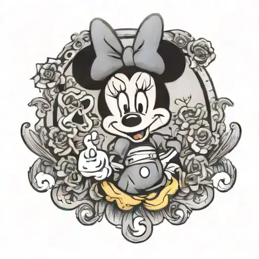 The tattoo depicts Minnie Mouse, but with a macabre twist. Her usually cheerful demeanor is replaced with a sinister gri tattoo design idea