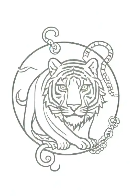 An intricate design featuring a tiger surrounded by symbols of Greek mythology, like the Minotaur or Medusa tattoo design idea