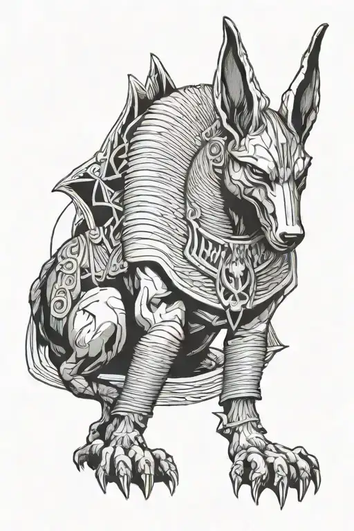 A representation of Anubis with features inspired by Hades, the Greek god of the underworld, such as a dark cloak tattoo design idea