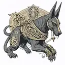 A depiction of Anubis with features inspired by Hades, the Greek god of the underworld, such as a dark cloak tattoo design idea