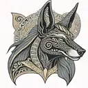 A depiction of Anubis with features inspired by Hades, the Greek god of the underworld, such as a dark cloak tattoo design idea