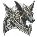 A depiction of Anubis with features inspired by Hades, the Greek god of the underworld, such as a dark cloak tattoo design idea