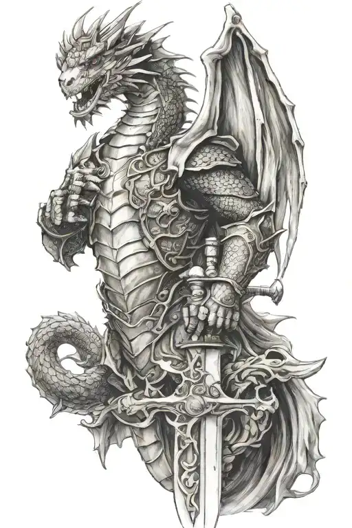 dragon, castle, knight holding a sword tattoo design idea