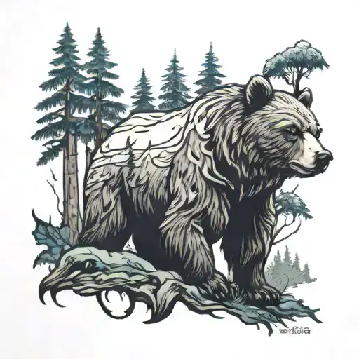 bear forest scene tattoo design idea