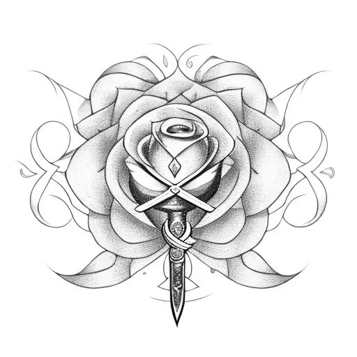 arabian sword with a rose handle and twelve petals around the sword tattoo design idea