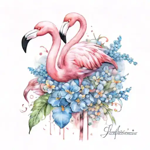 flamingo and forget me not flowers tattoo design idea
