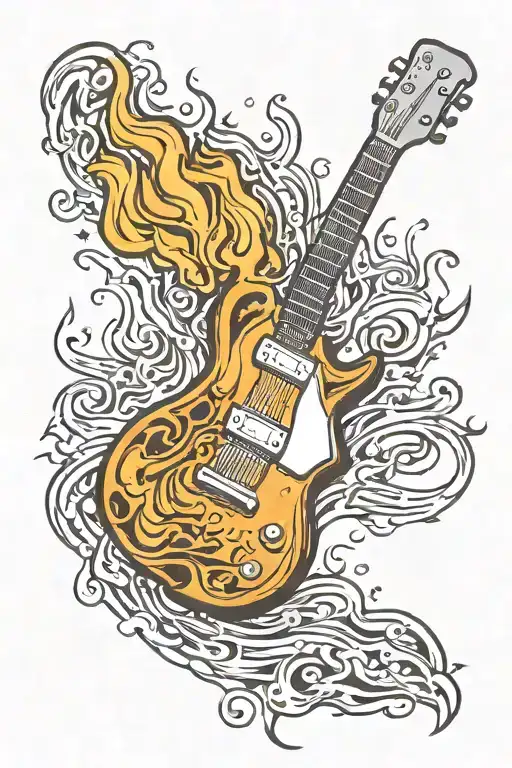 A guitar shredding through flames, with a WWE championship belt wrapped around the neck tattoo design idea