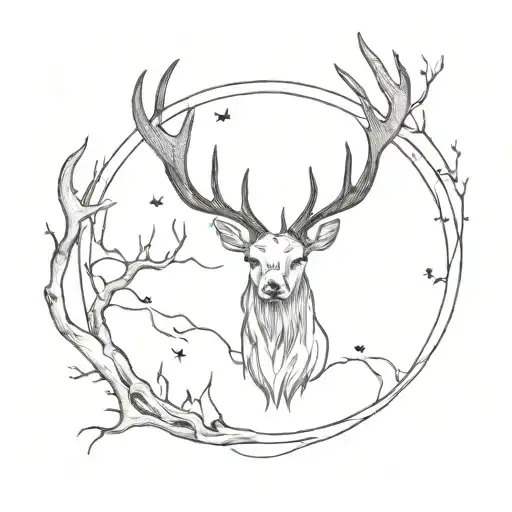 celestial moon and elk antlers intertwined tattoo design idea
