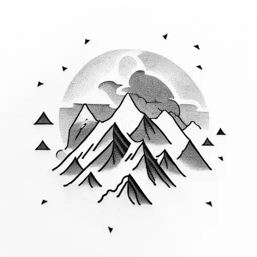 A majestic mountain range with a hidden trail for hiking tattoo design idea