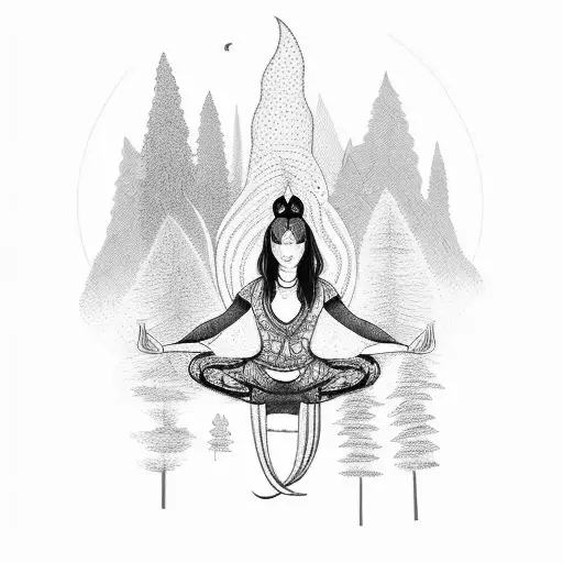 A tranquil yoga pose amidst a lush forest with vibrant colors tattoo design idea