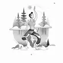 A tranquil yoga pose amidst a lush forest with vibrant colors tattoo design idea