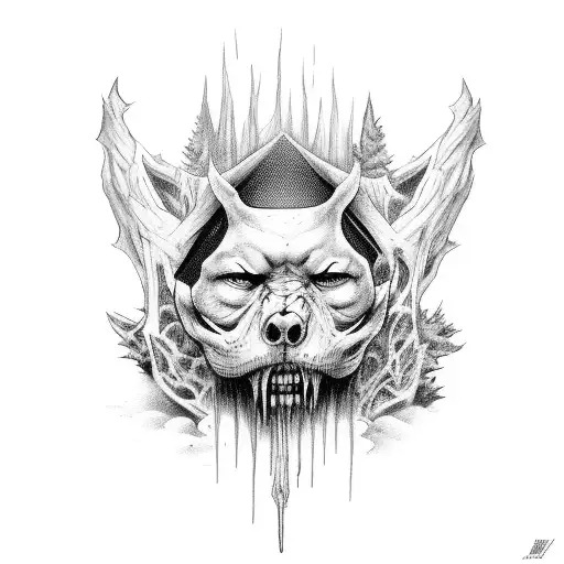 Dark underworld knight tired after battle in rainy forest tattoo design idea