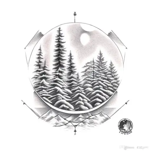 forearm sleeve with pine trees and disc golf basket tattoo design idea
